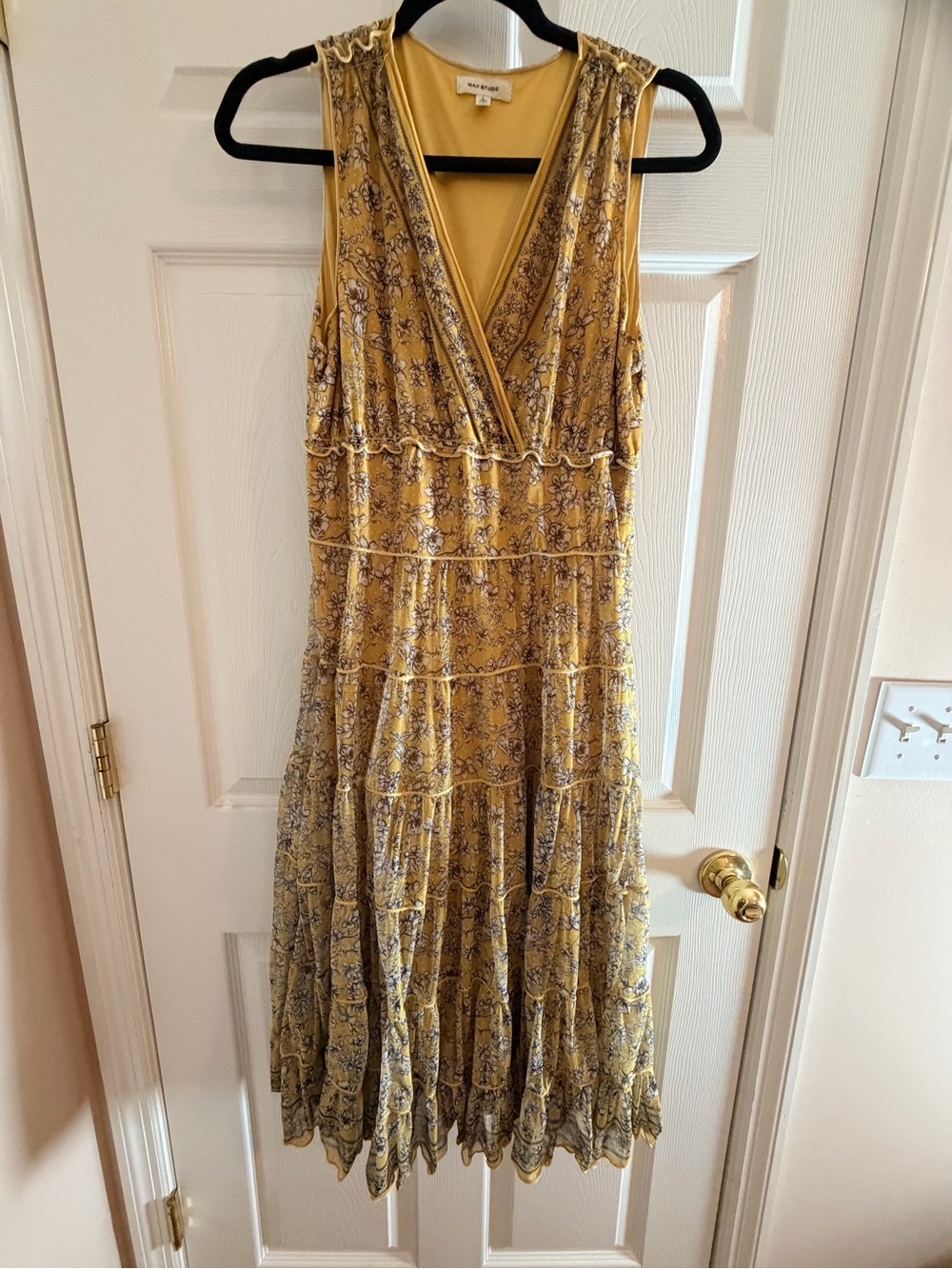 Max Studio Mustard Floral V-Neck Tiered Midi Dress